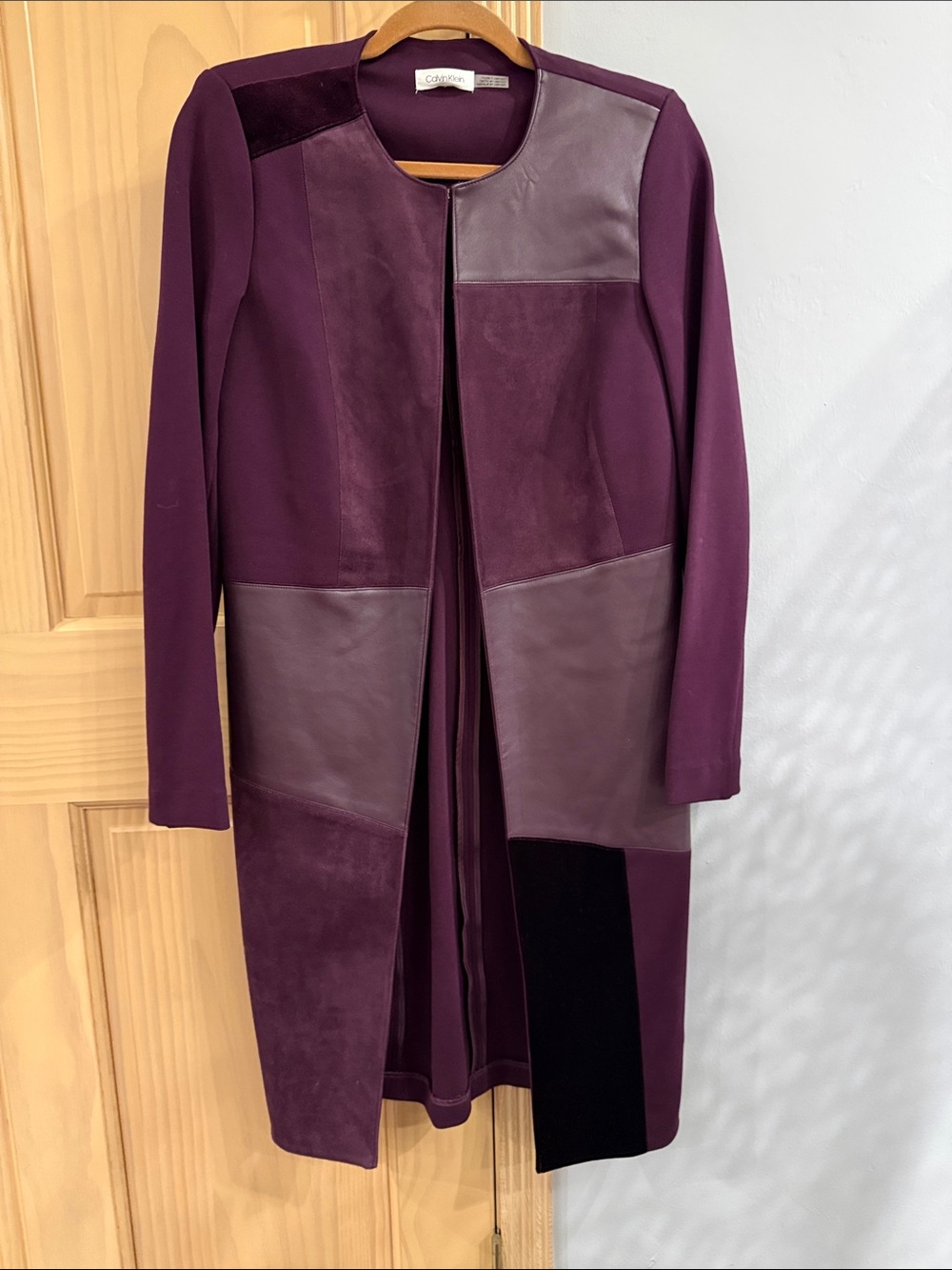 Calvin Klein Colorblock Faux Leather Open Front Long Jacket Size 4